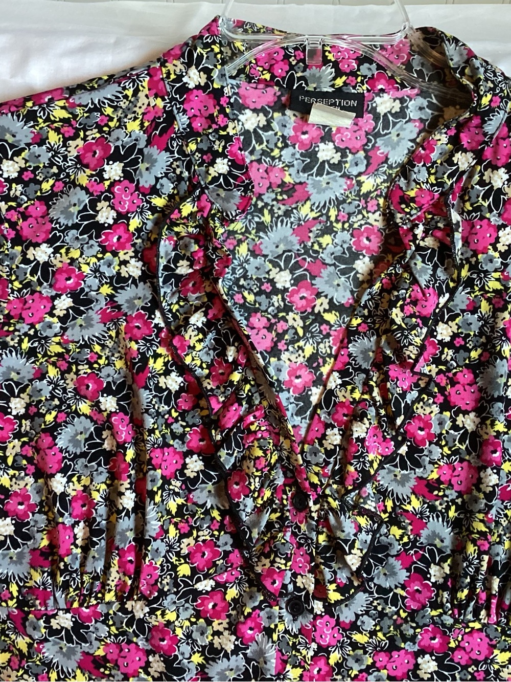 Perseption Black Floral Top with Pink, Gray & Yellow Accents